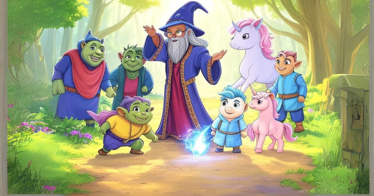 a cartoon of a wizard and many cartoon characters