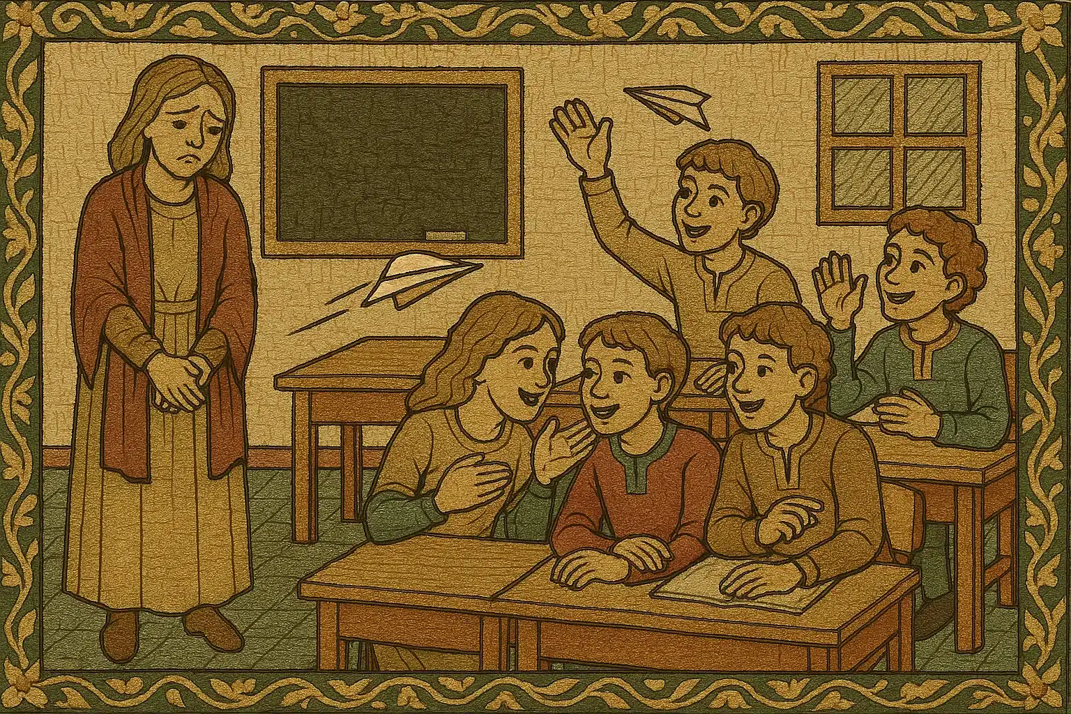 A chaotic modern classroom illustrating the demands placed on today's teachers