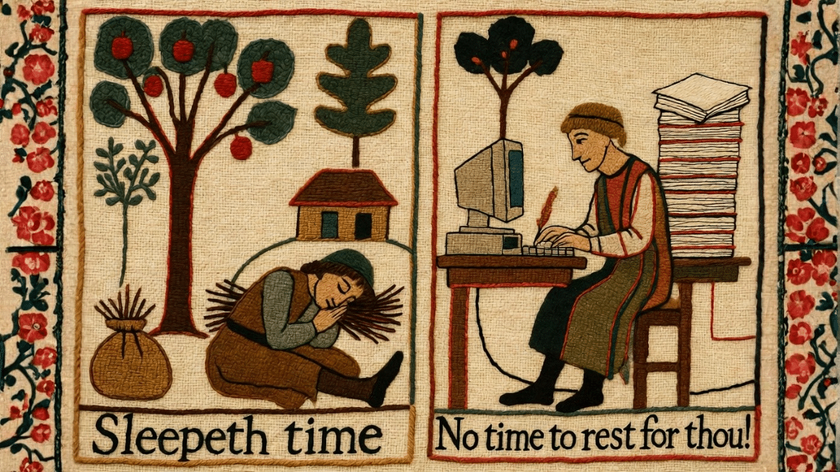 Medieval peasant working in a field compared to a modern teacher in a classroom