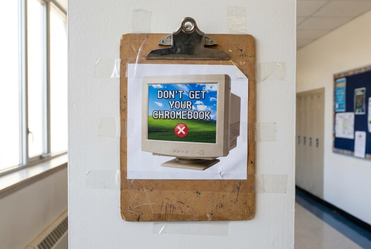 The Great Chromebook Rebellion: Why Schools Are Ditching Laptops for Pen and Paper 1 A school hallway poster reading Don't Get Your Chromebook