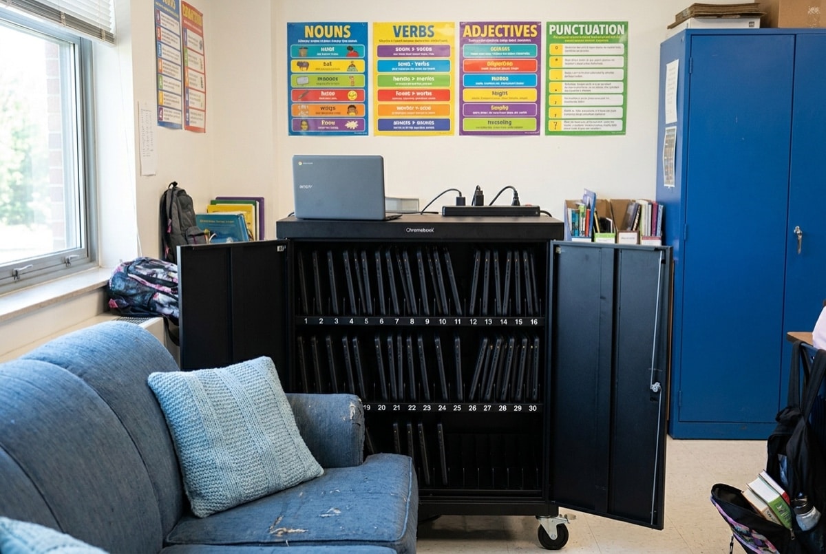 The Great Chromebook Rebellion: Why Schools Are Ditching Laptops for Pen and Paper 2 A Chromebook charging cart sitting unused at the back of a classroom