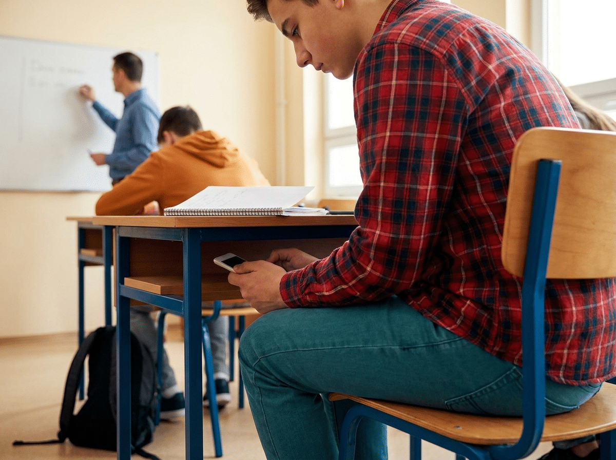 Student quietly checking a phone at school