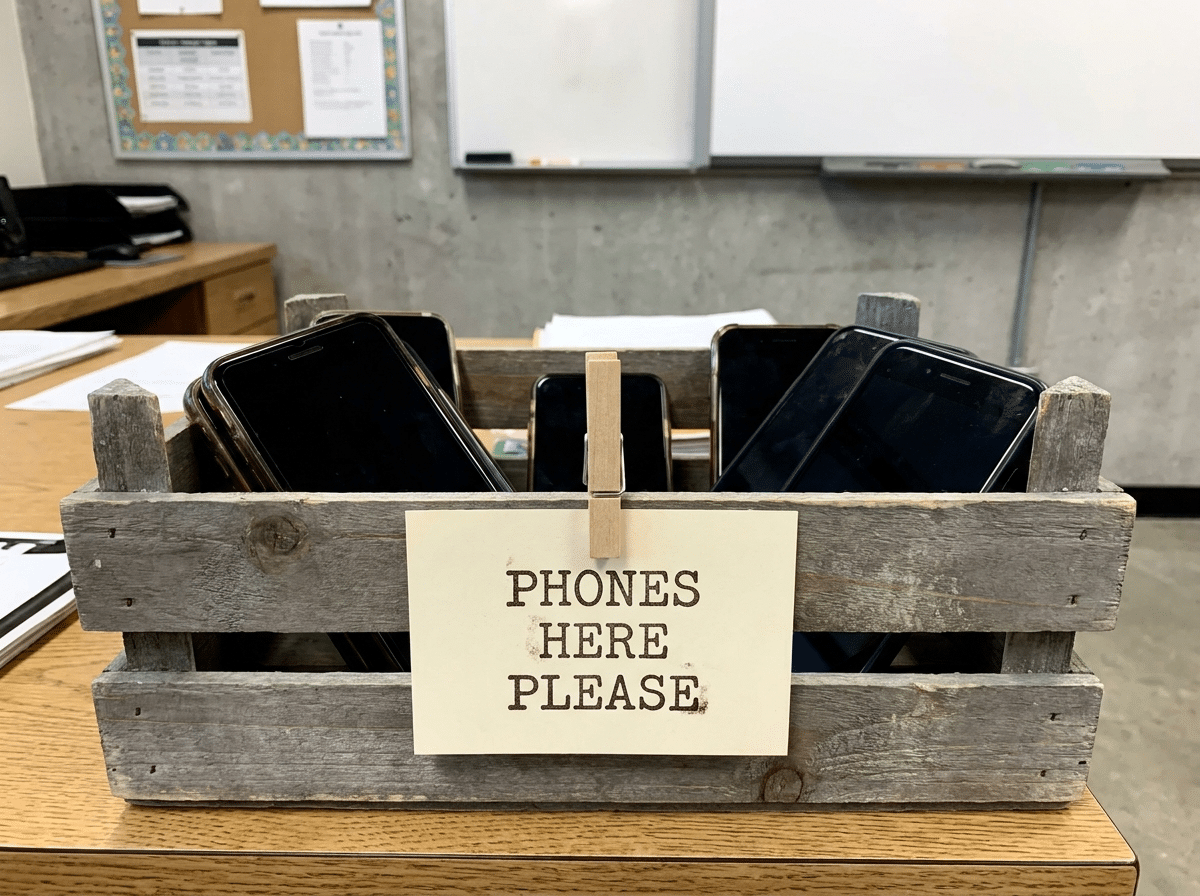 Basket used to collect student phones during class