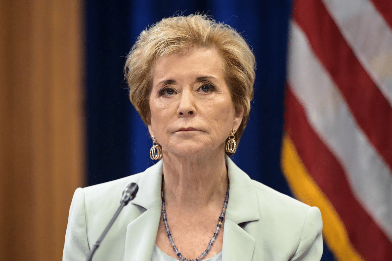 Education Secretary Linda McMahon speaking at a podium