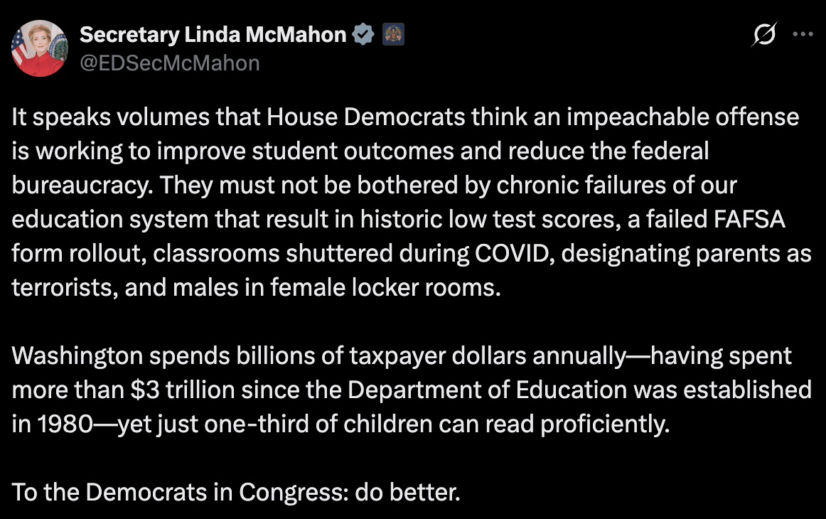 Screenshot of Secretary Linda McMahon's X post responding to the impeachment effort with the message 'To the Democrats in Congress: do better'