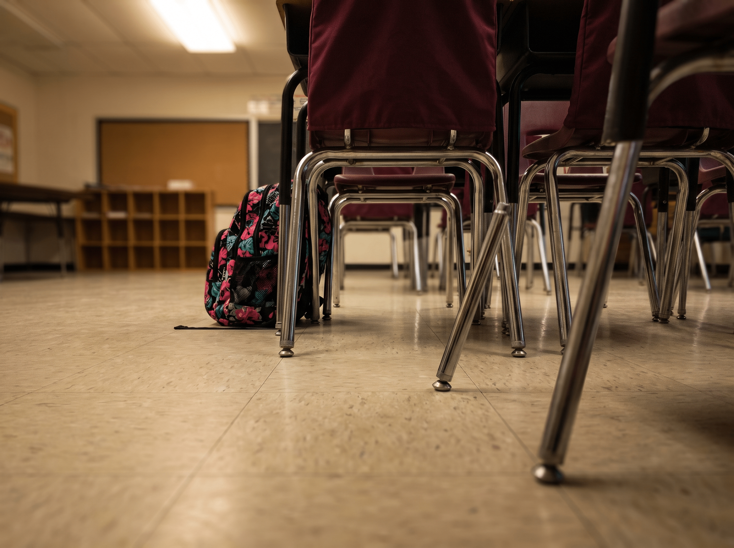 Empty Texas classroom with a student's backpack left behind on a chair
