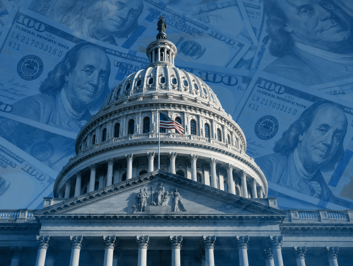 U.S. Capitol dome with overlaid imagery representing federal education budget cuts