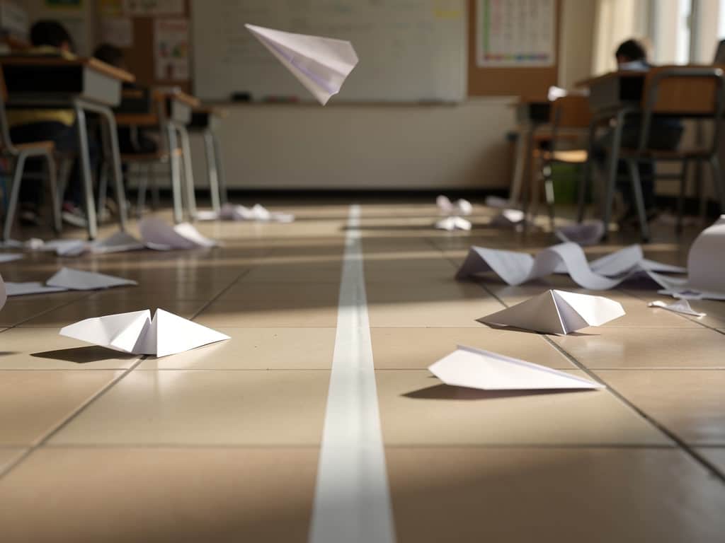 A 5-Day First-Week Science Plan for K–5 5 Paper planes on a classroom floor with a taped start line