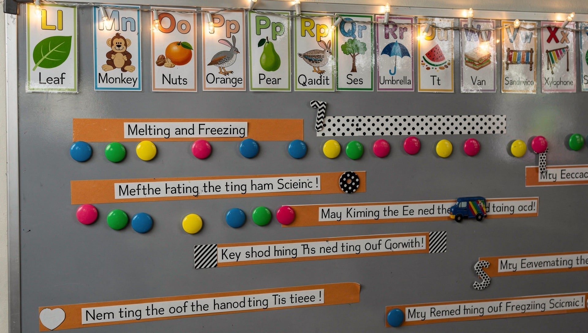 Classroom whiteboard with alphabet cards and a Melting and Freezing strip