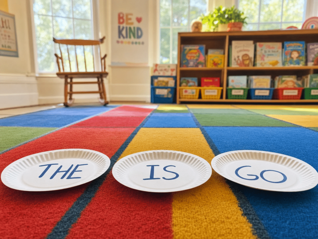 Kindergarten High-Frequency Words (The Full Year List) 2 Paper plates on a classroom rug labeled THE, IS, and GO