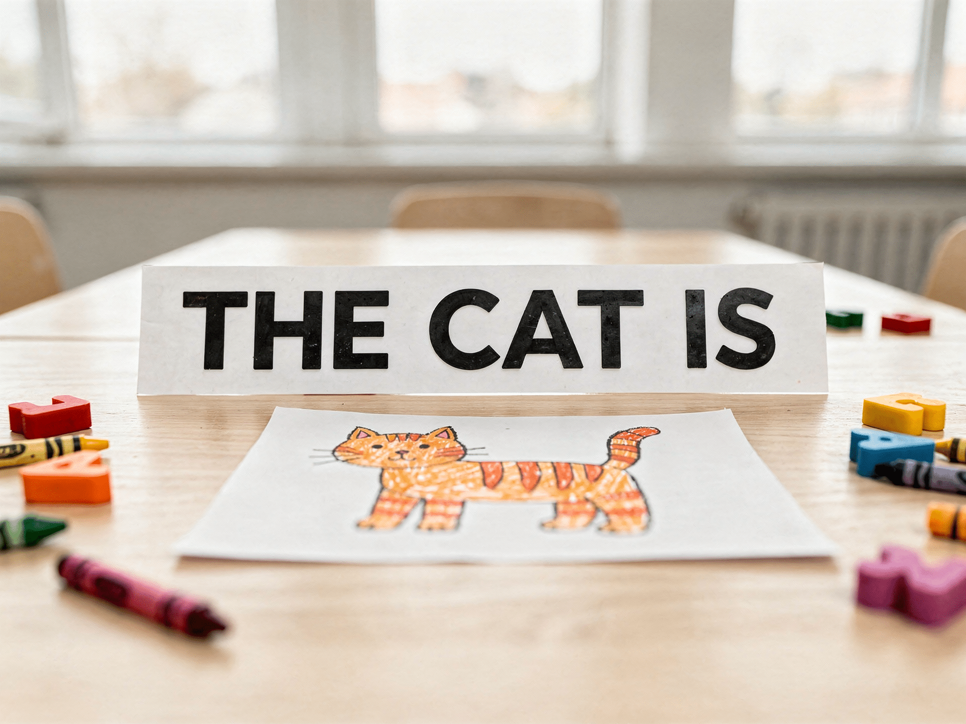 Kindergarten High-Frequency Words (The Full Year List) 3 Sentence strip THE CAT IS above a child drawing of a cat