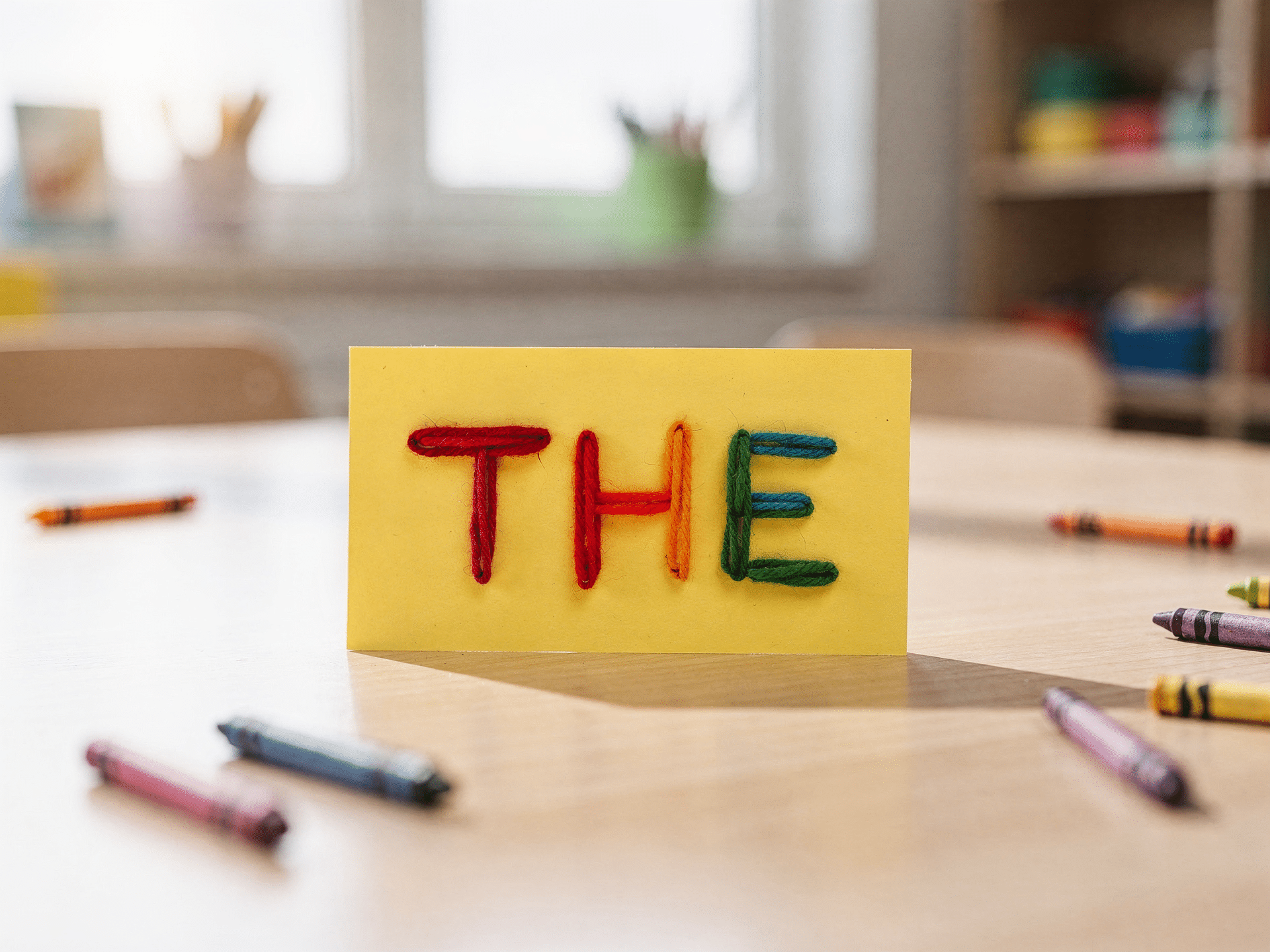 Kindergarten High-Frequency Words (The Full Year List) 1 Yarn letters spelling THE on a yellow card