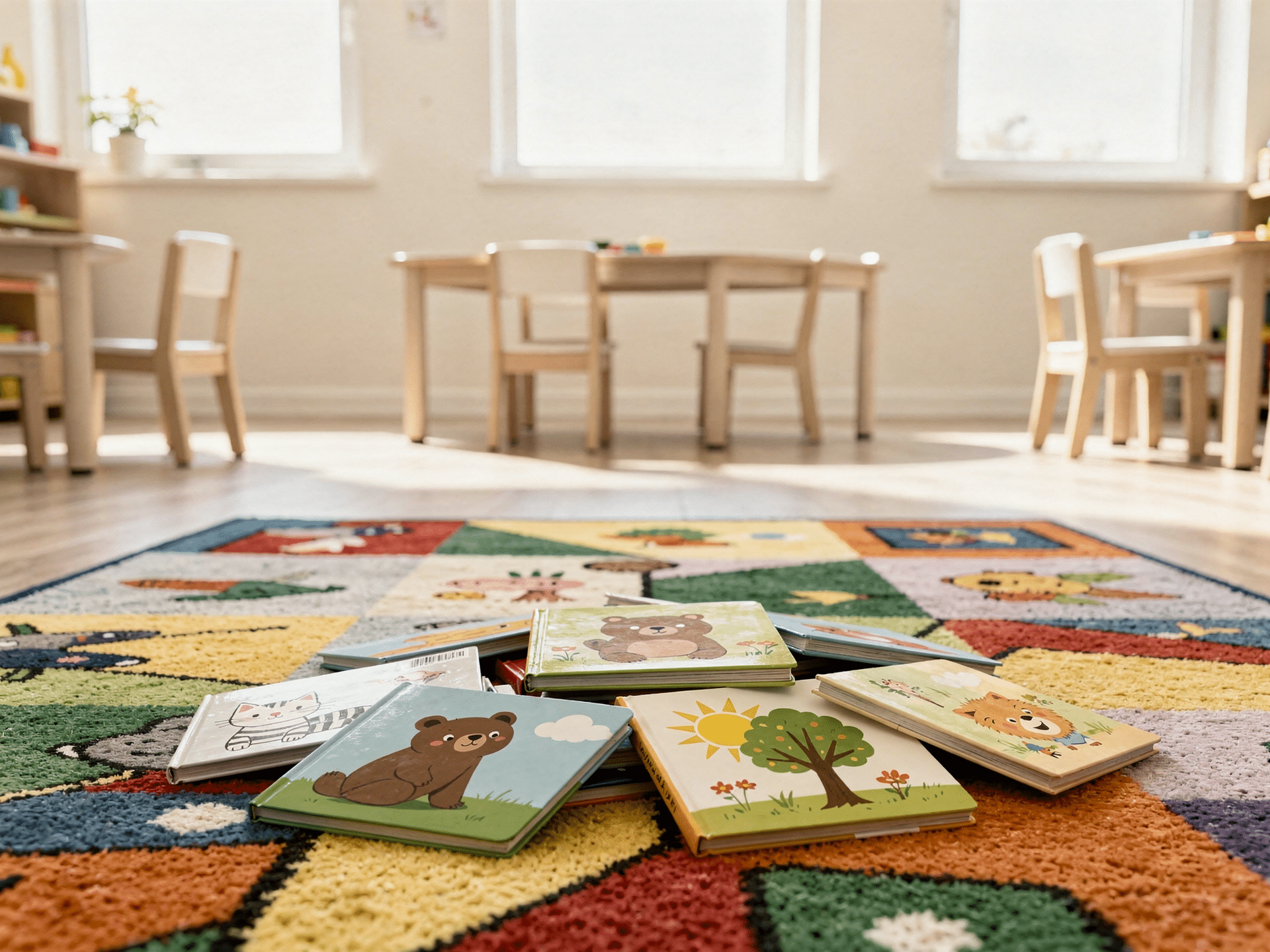 Kindergarten Reading Comprehension: Concept of Print, Characters, and Setting 3 Pile of classroom picture books on a colorful rug