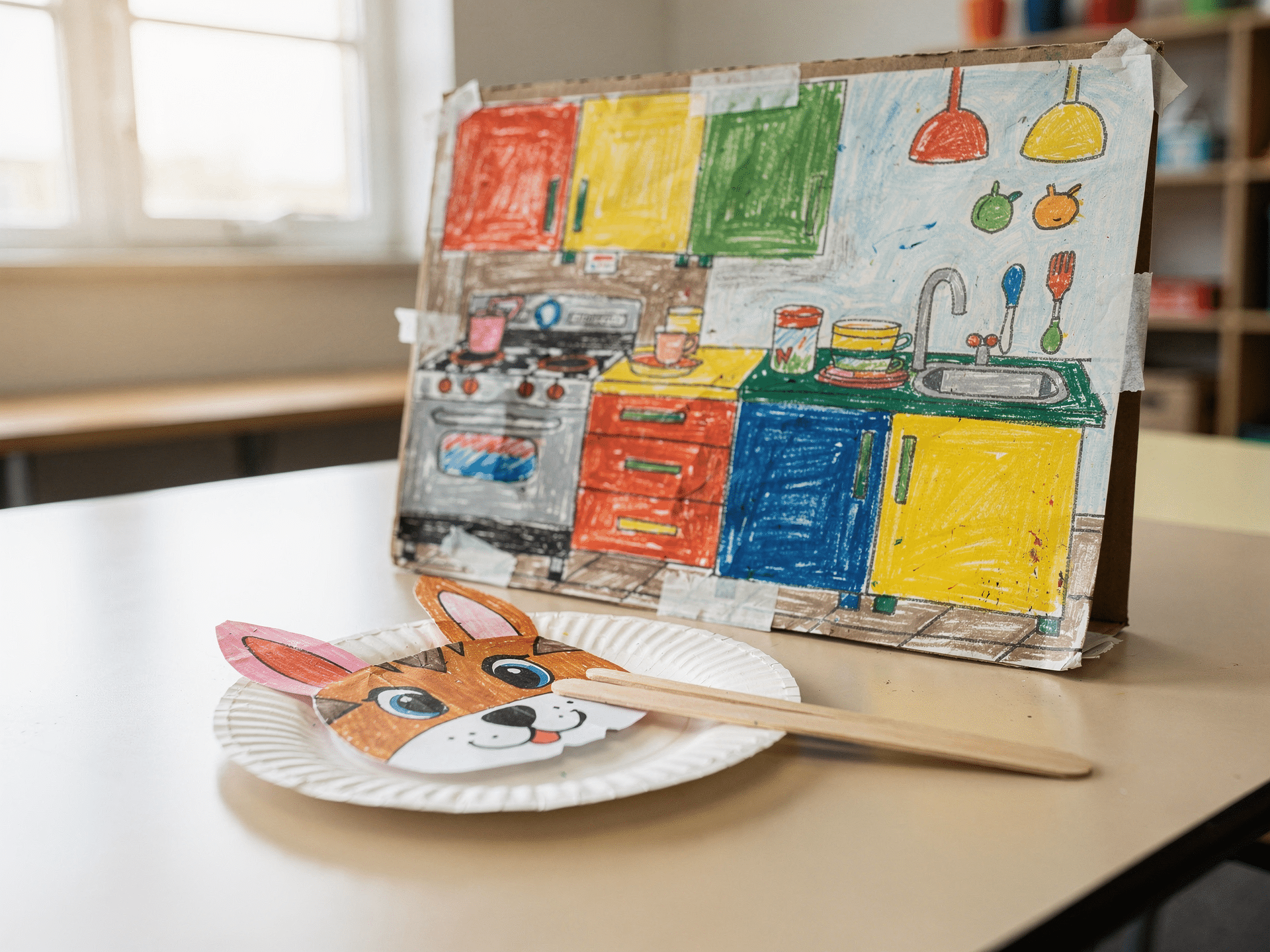 Kindergarten Reading Comprehension: Concept of Print, Characters, and Setting 1 Paper-plate cat puppet in front of a child-drawn kitchen setting