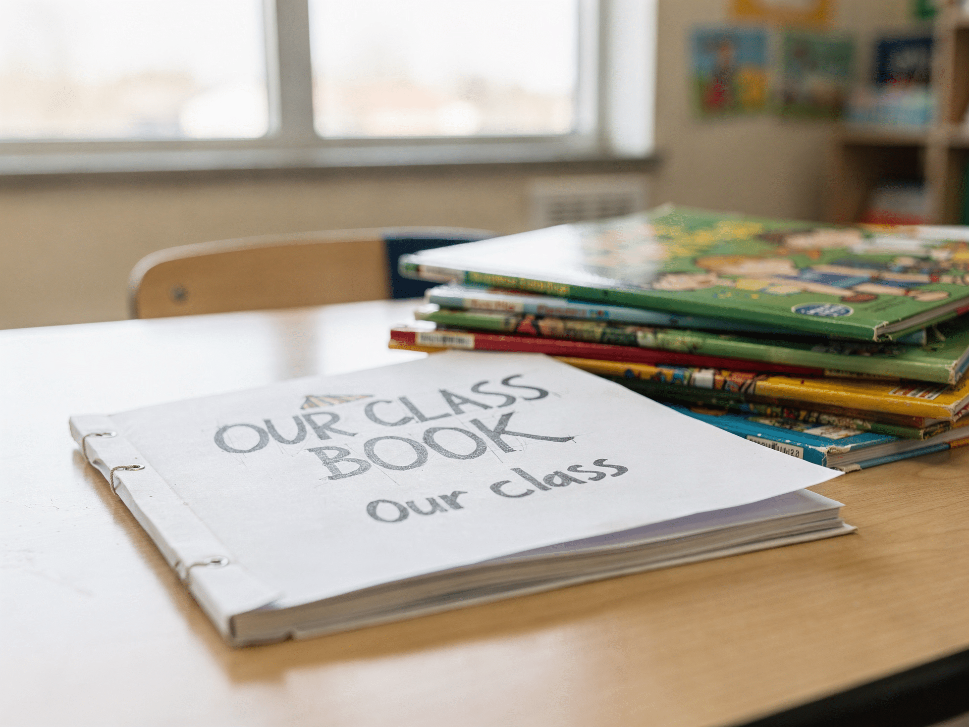 Kindergarten Reading Comprehension: Concept of Print, Characters, and Setting 2 Handmade class book titled Our Class Book next to picture books