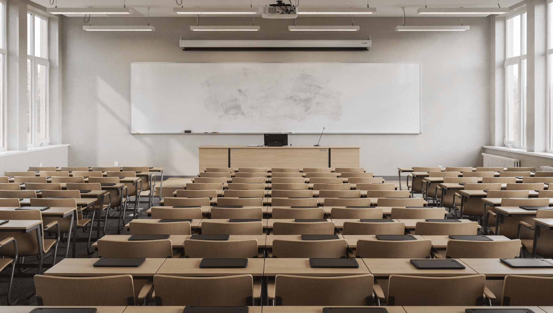 Empty college lecture hall with blank whiteboard