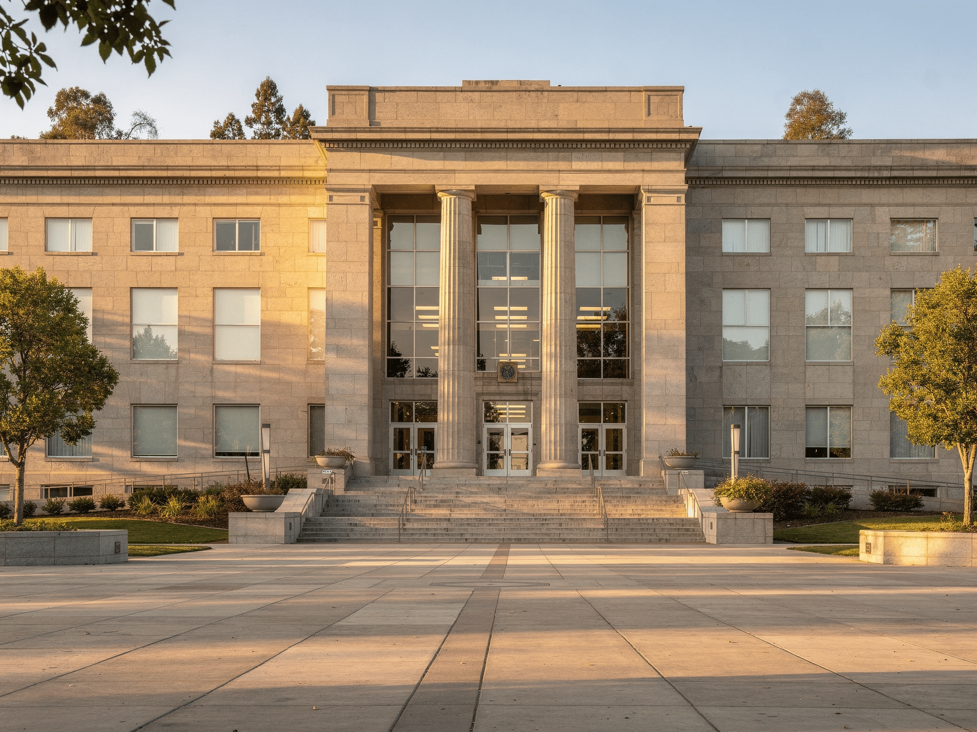 Empty campus exterior near neoclassical buildings