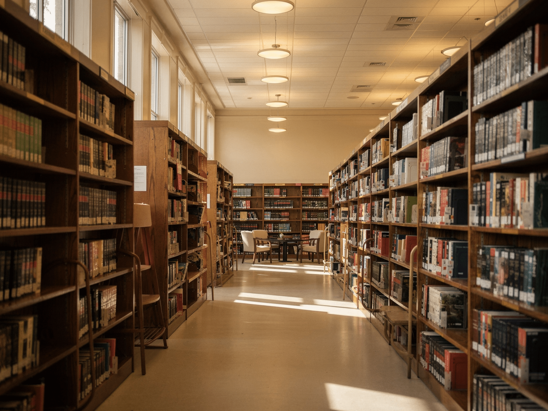 Empty library stacks aisle