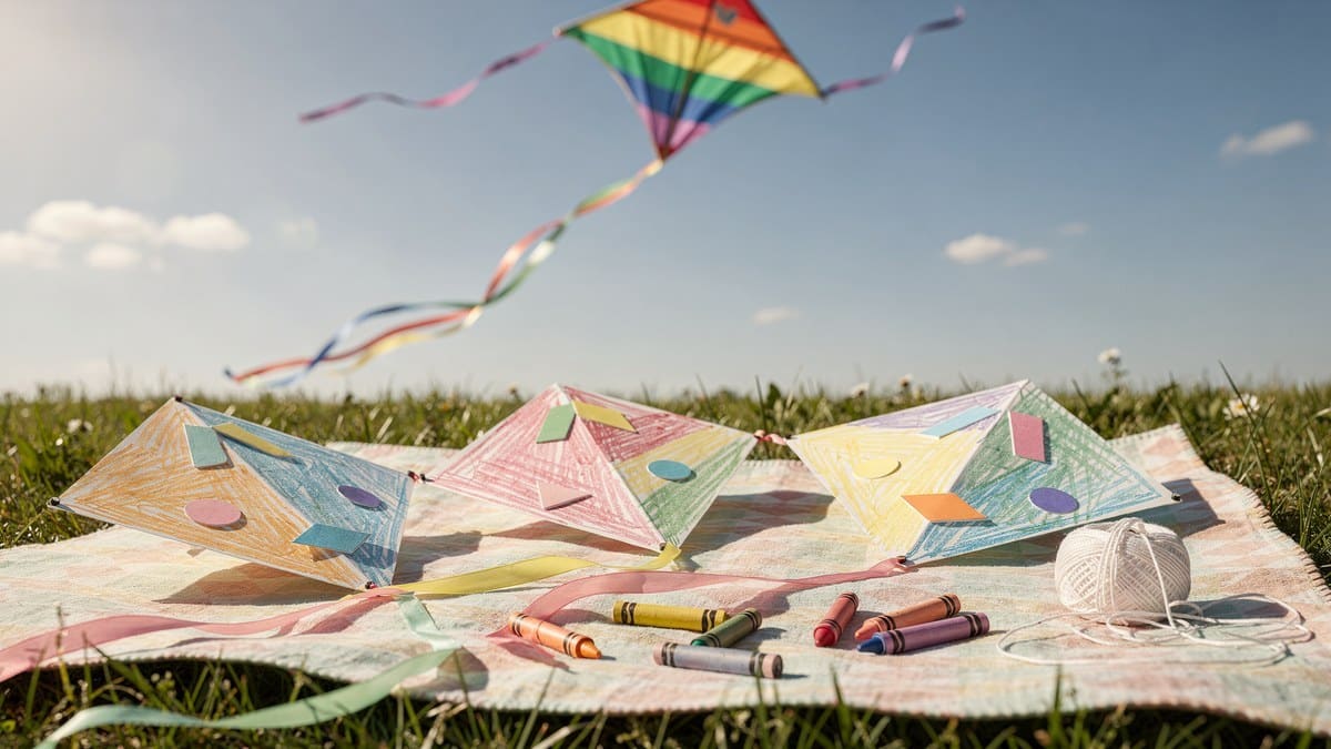 Three crayon-colored paper kites with ribbon tails on a picnic blanket in the grass, with a rainbow kite flying in the sky