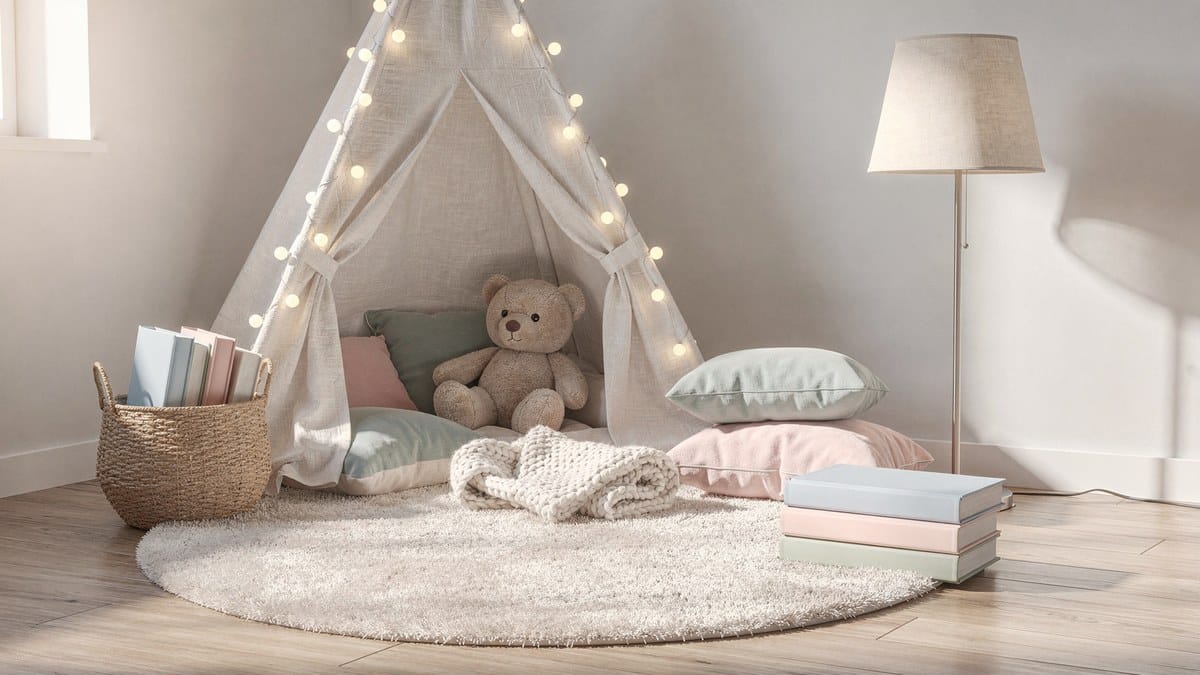 Cozy reading nook with a canvas teepee, fairy lights, floor cushions, a teddy bear, a basket of books and a floor lamp