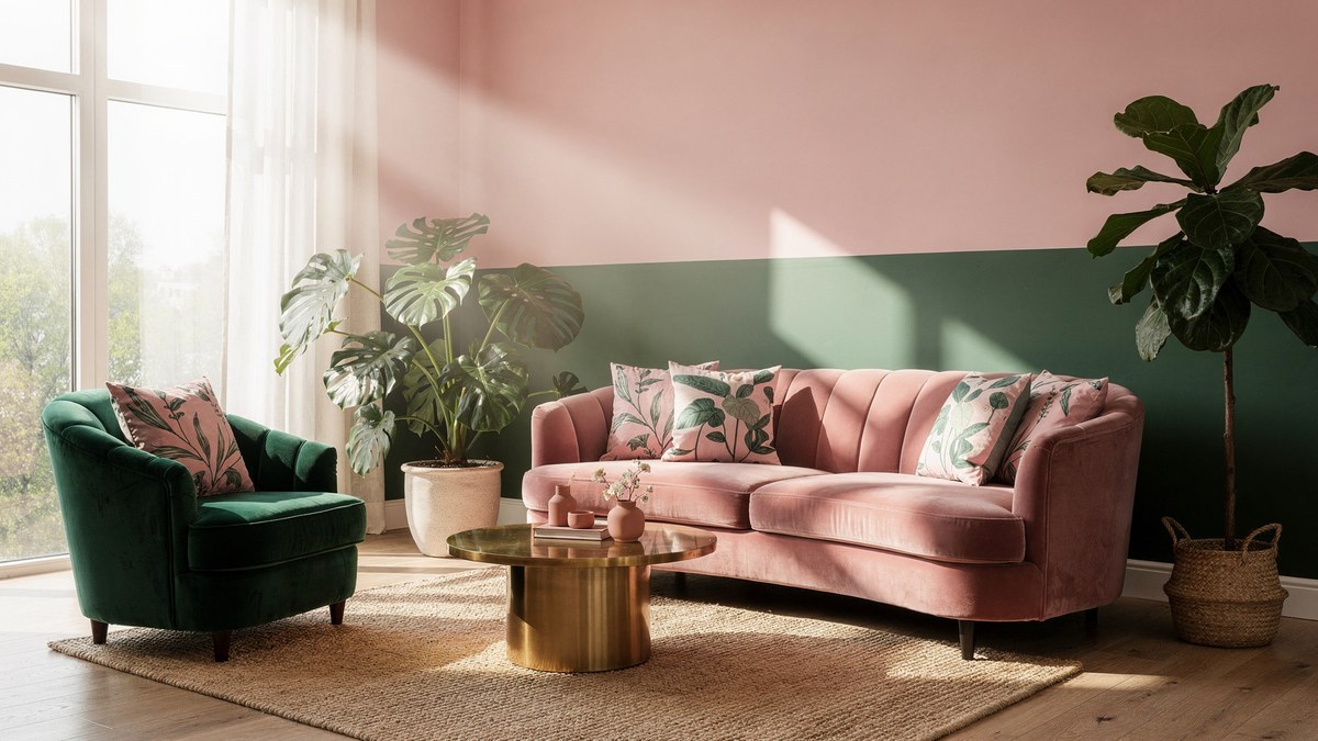 Sunny living room with a pink velvet sofa, a green velvet armchair, a two-tone pink and green wall and large leafy plants