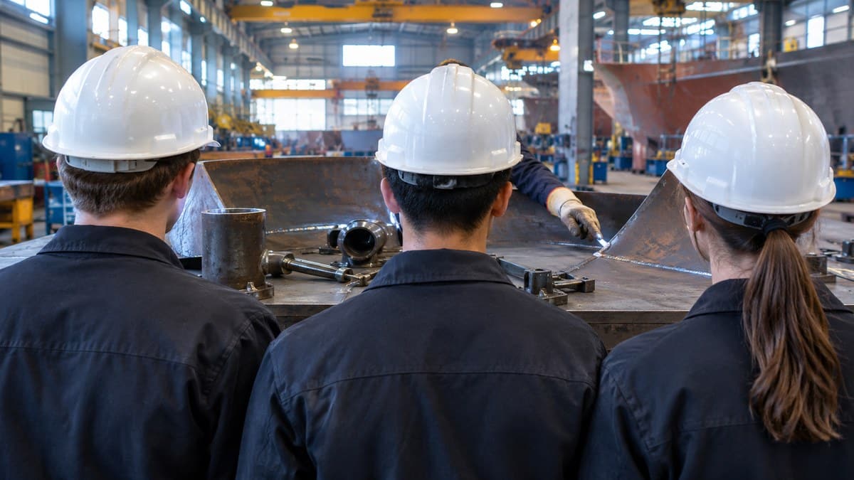 Three trainees in white hard hats and dark work jackets, seen from behind, watching an instructor's gloved hand at a steel workbench in a shipyard training hall