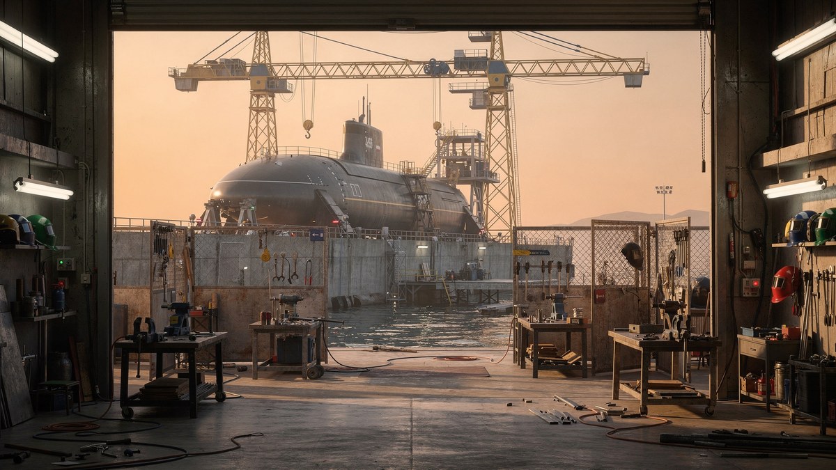 Submarine in a coastal shipyard dry dock at sunset, seen from an open technical workshop with welding booths and hard hats