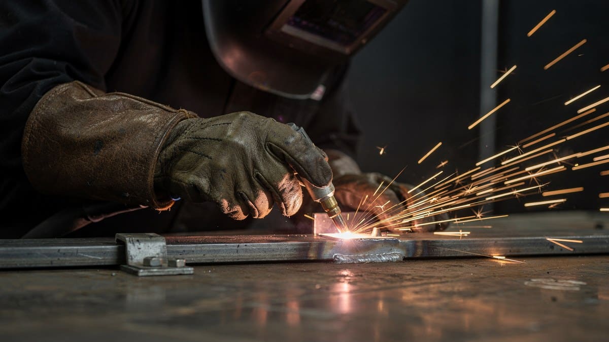 Close-up of a welder's leather-gloved hand guiding a MIG torch along a steel joint as orange sparks fly, welding helmet at the top of the frame