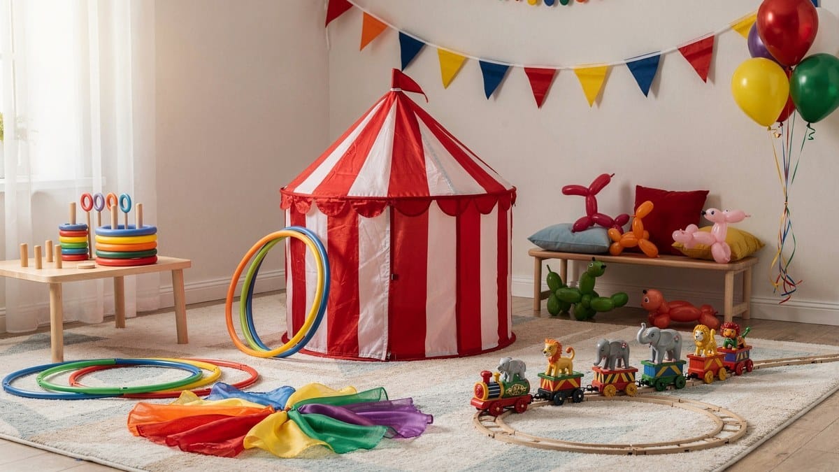 Preschool circus play corner with a red and white striped tent, hula hoops, rainbow scarves, balloon animals and a toy circus train