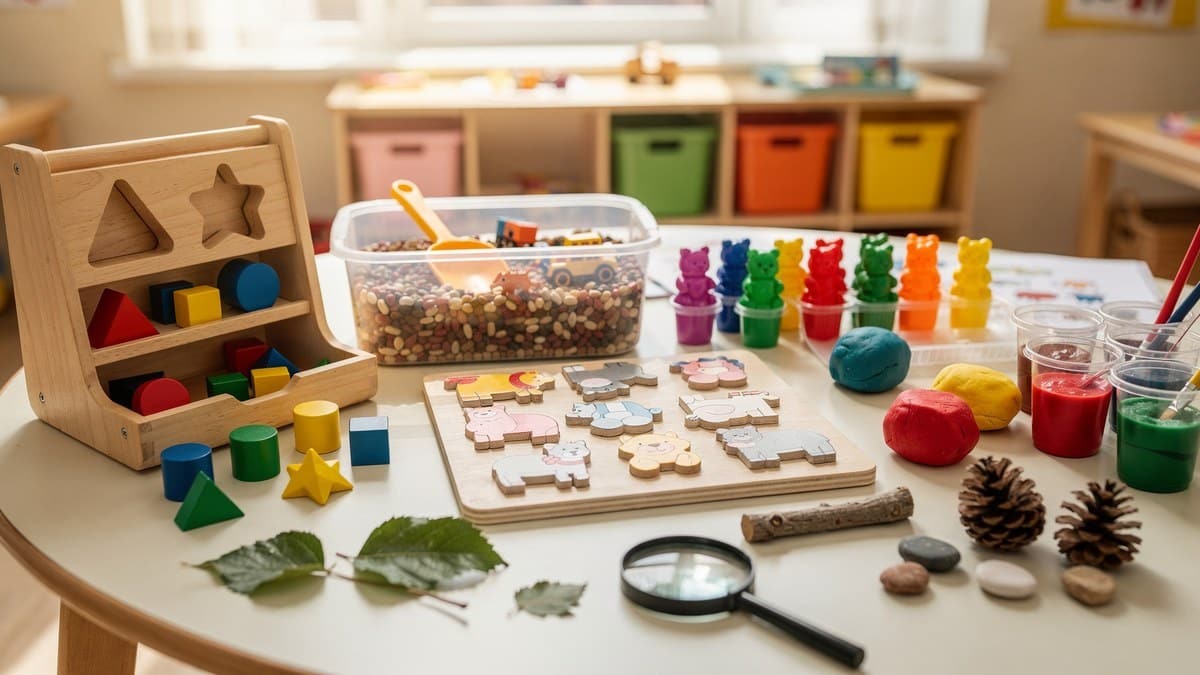 Preschool learning table with a wooden shape sorter, sensory bin, animal puzzle, counting bears, play dough, paint cups and nature items with a magnifying glass