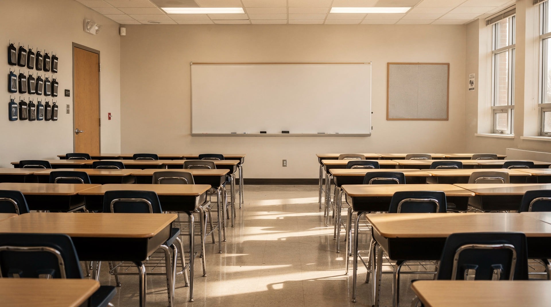 A Senate Bill Would Pay States to Ban Phones in Every Public School. Here's What It Actually Requires. 6 An empty U.S. classroom with rows of desks and a wall rack of phone pouches near the door