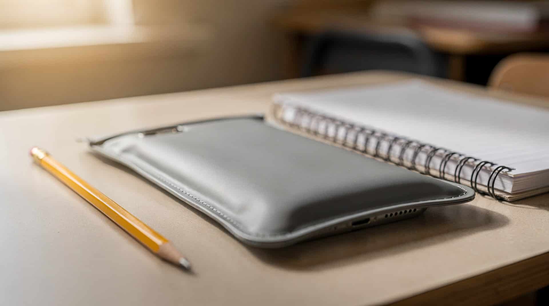 A smartphone sealed inside a gray magnetic pouch on a school desk beside a pencil and notebook